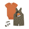 PL Little Tiger Applic Khaki Dungaree With Rust Body Suit & Socks 3 Piece Set 13112