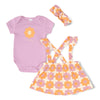 PL Flower Print Off White Dungaree with Be Happy Lavender Body Suit & HeadBand 3 Piece  13116