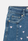 OLY  All Over Embroided Pink Hearts Renal Style Blue Denim Mini Skirts 13314