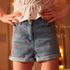 SM All Over Embroided Red Heart Blue Denim Shorts 13309