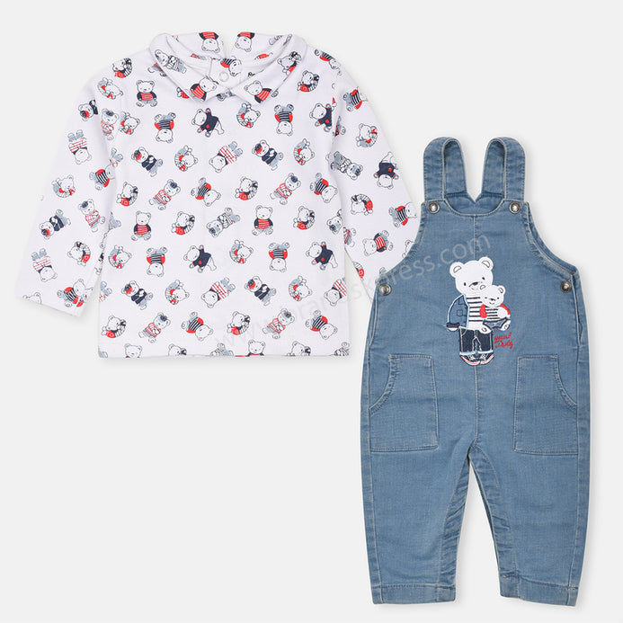 PN True Love Embroided Denim Dungaree With Shirt Bear Print 2