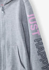 L&S Just Happy Print Sleeve Grey Terry Zipper Hoodie 13447