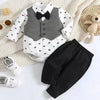 SHIN Textured Grey Wasit Coat Style Fox Print White Body Suit Black Pant & Bow 3 Piece Set 13398