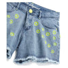 OM All Over Embroided Yellow Flowers Light Blue Denim Shorts 13313