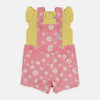 QLT All Over Flower Print Pink Dungaree With Yellow Top 2 Piece Set 4170