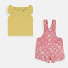 QLT All Over Flower Print Pink Dungaree With Yellow Top 2 Piece Set 4170